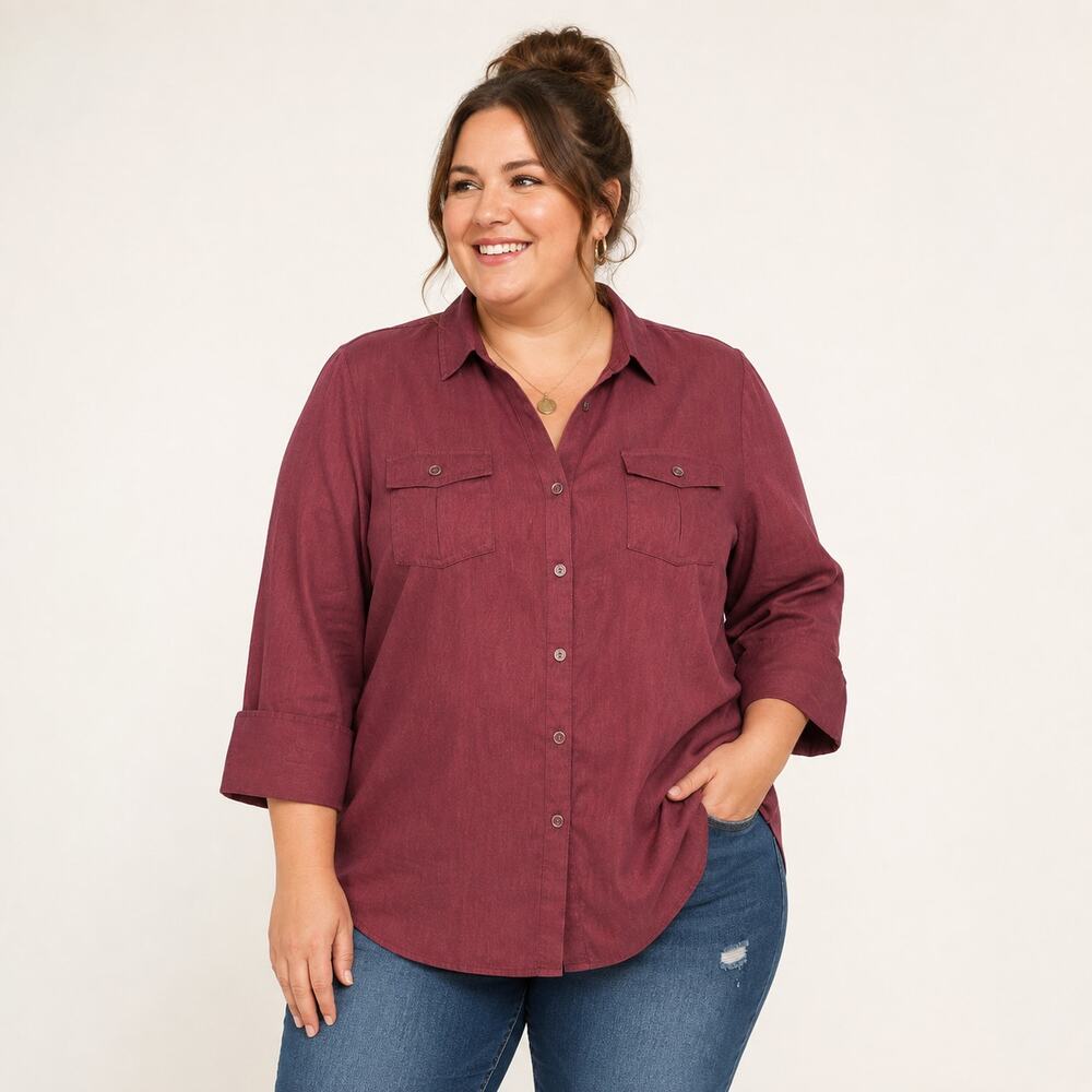 Cato Women Plus Size 22/24 Burgundy Button Front Blouse Shirt 3/4 Sleeve Stretch